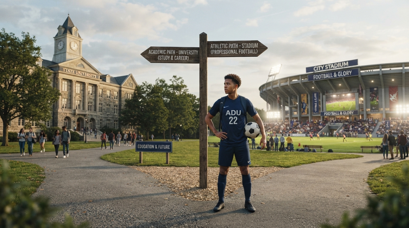 A young footballer at a crossroads choosing between a university campus and a football stadium