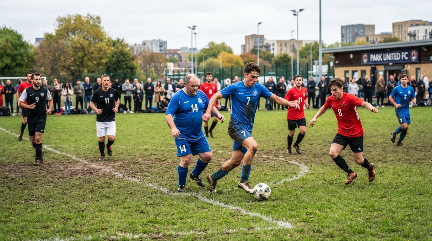 Soccer players at different levels competing during a match