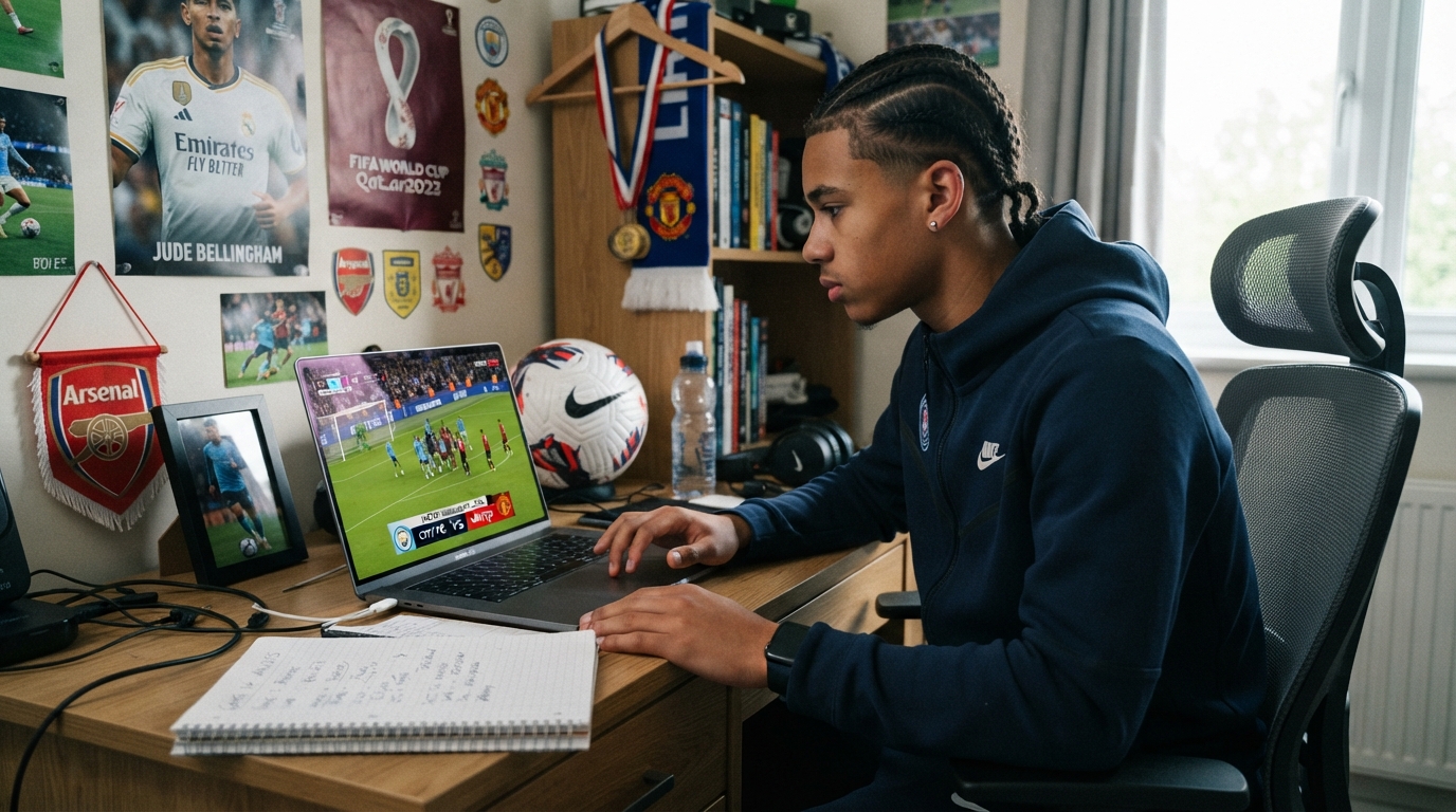Soccer player reviewing match highlight footage on a laptop