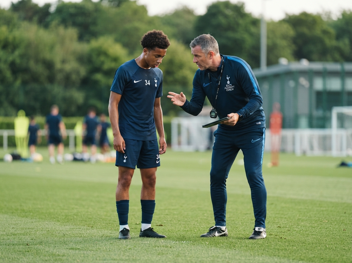 A coach mentoring a young player on the training pitch