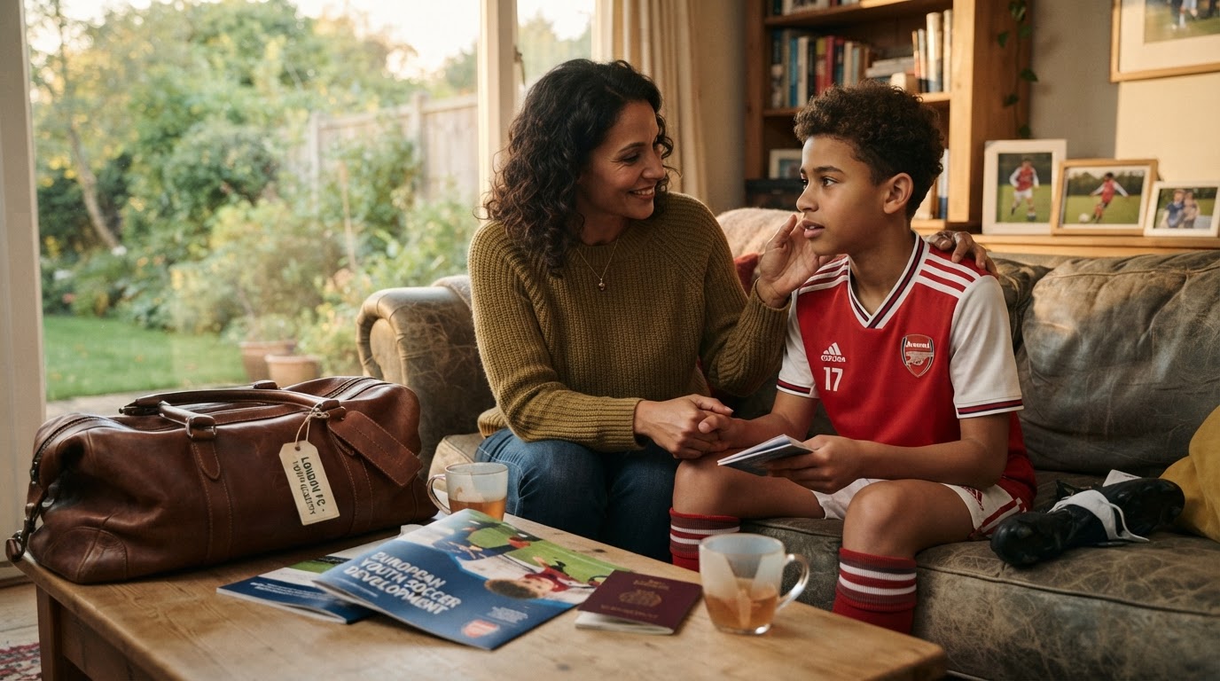 A parent and young footballer having a supportive conversation about playing abroad