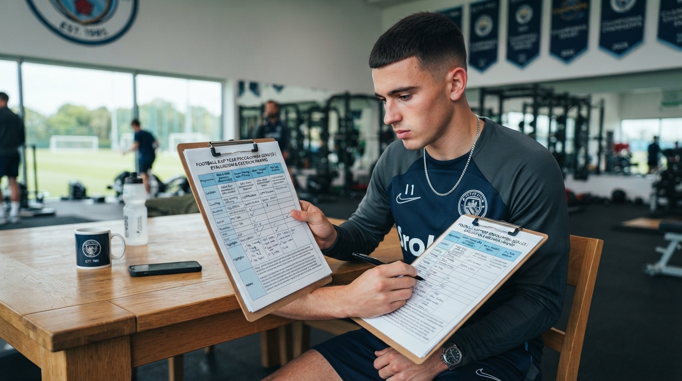 A footballer reviewing a checklist and comparing football gap year programmes on a clipboard