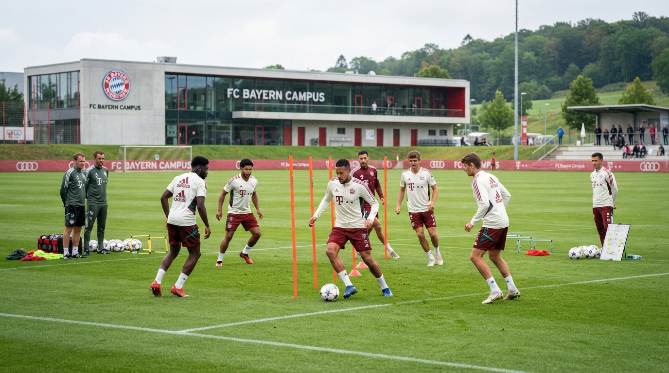 Football training at a modern German football facility with disciplined drills on a pristine pitch