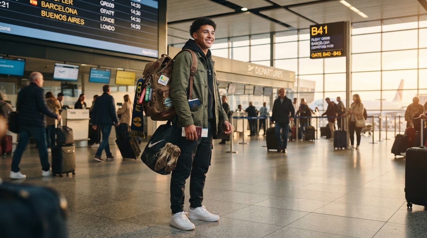 A young footballer with a backpack and boots ready to travel for a football gap year abroad