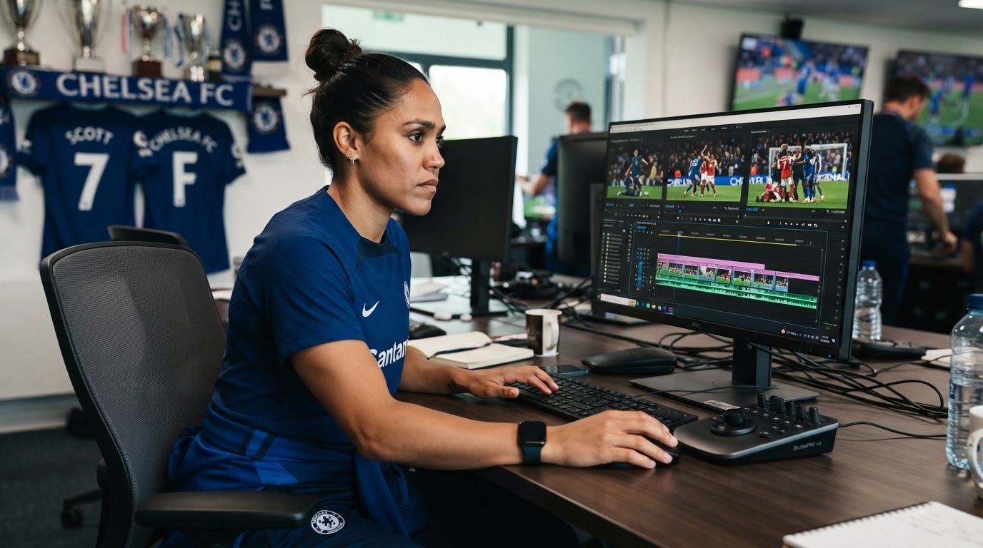 Soccer player editing highlight video footage of matches on a computer
