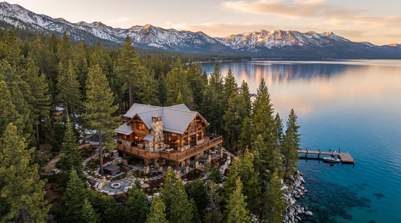 Lake Tahoe cabin surrounded by pine trees and mountains