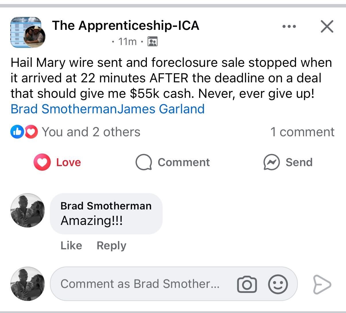 Member post: foreclosure sale stopped, $55K cash