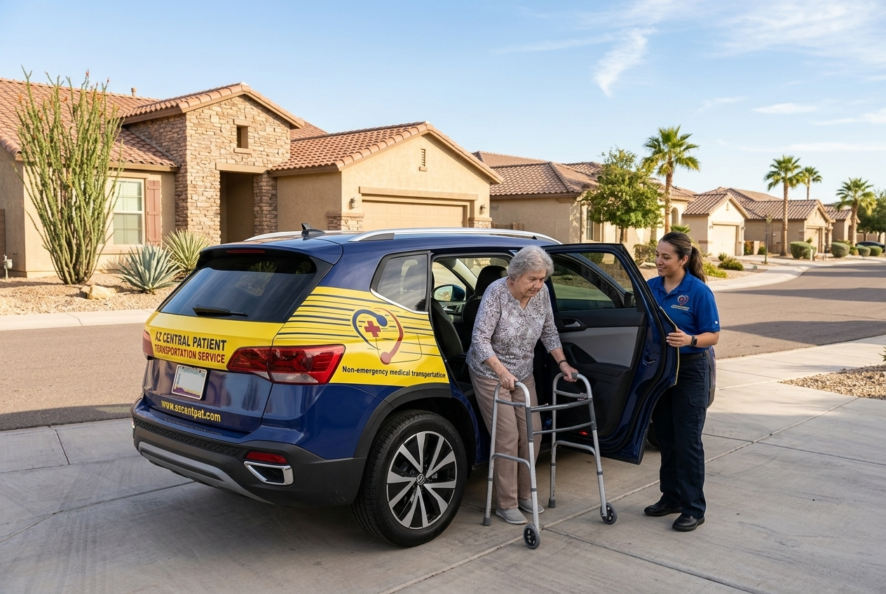 AZ Central Patient Transportation driver assisting senior resident with walker exiting vehicle