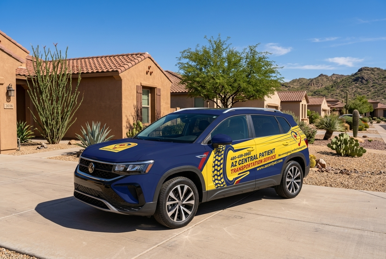 AZ Central Patient Transportation vehicle parked in residential driveway