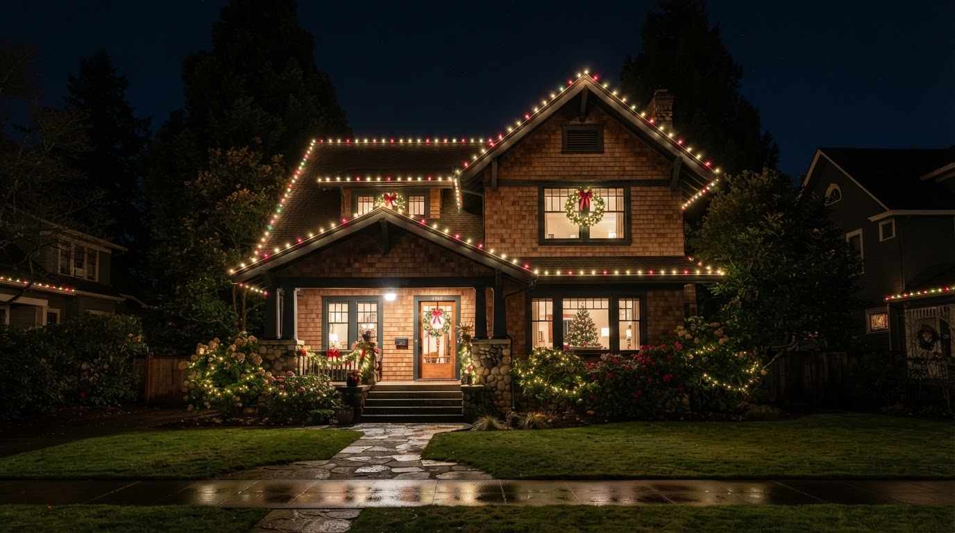 Completed residential holiday light installation at night in Salem, OR by Premium Holiday Lights, warm commercial-grade C9 roofline lights, professionally installed