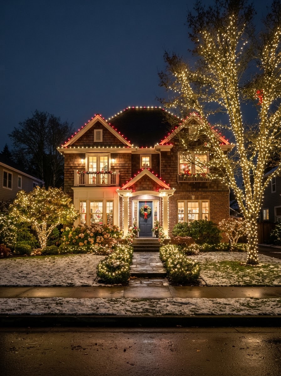 Custom Holiday Lighting installation by Premium Holiday Lights in Salem, OR, professional lighting, warm evening ambiance