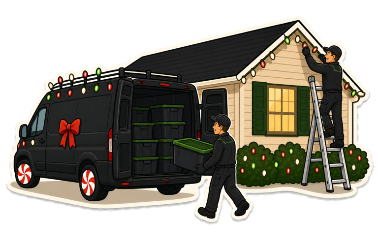 Removal and storage illustration: Premium Holiday Lights van loaded with organized light storage bins after takedown