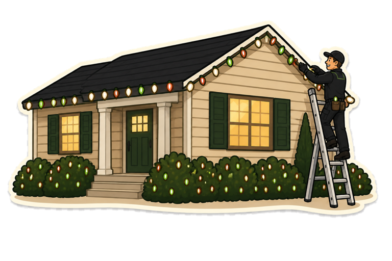 Maintenance and warranty illustration: Premium Holiday Lights technician adjusting roofline lights on a ladder