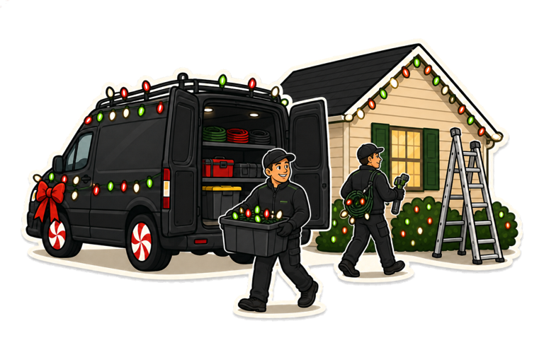Professional installation illustration: Premium Holiday Lights crew installing commercial-grade holiday lights on a home