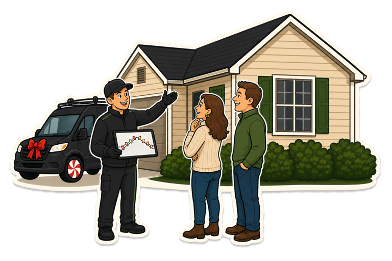 Free estimate illustration: Premium Holiday Lights technician presenting a custom lighting plan to homeowners