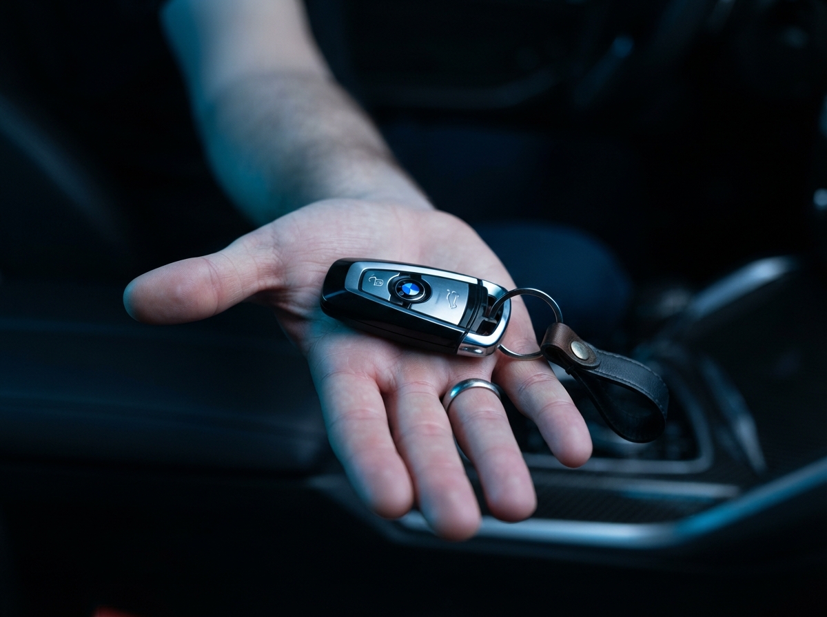 Person holding a car key ready to pick up their rental vehicle