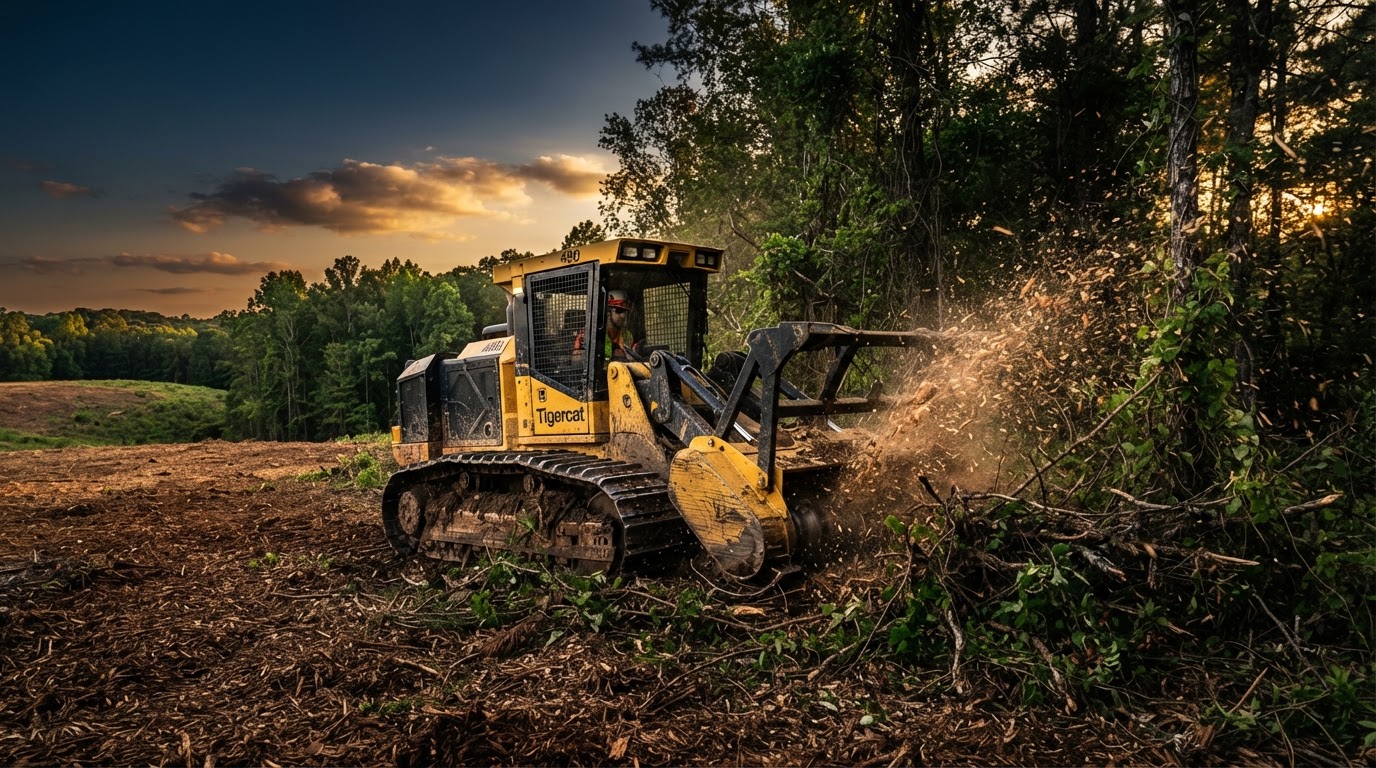 Forestry mulching machine clearing overgrown land in the Piedmont Triad, NC