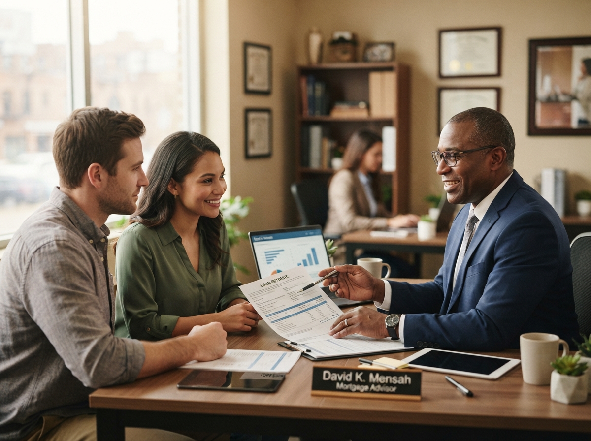 Marcus Claxton consulting with a client about mortgage options at his desk
