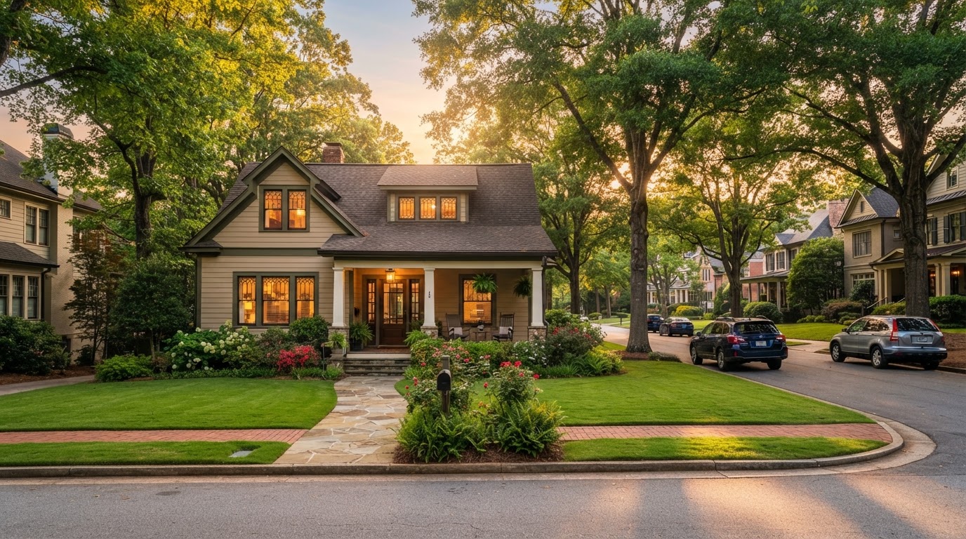 A welcoming residential neighborhood in Georgia at golden hour