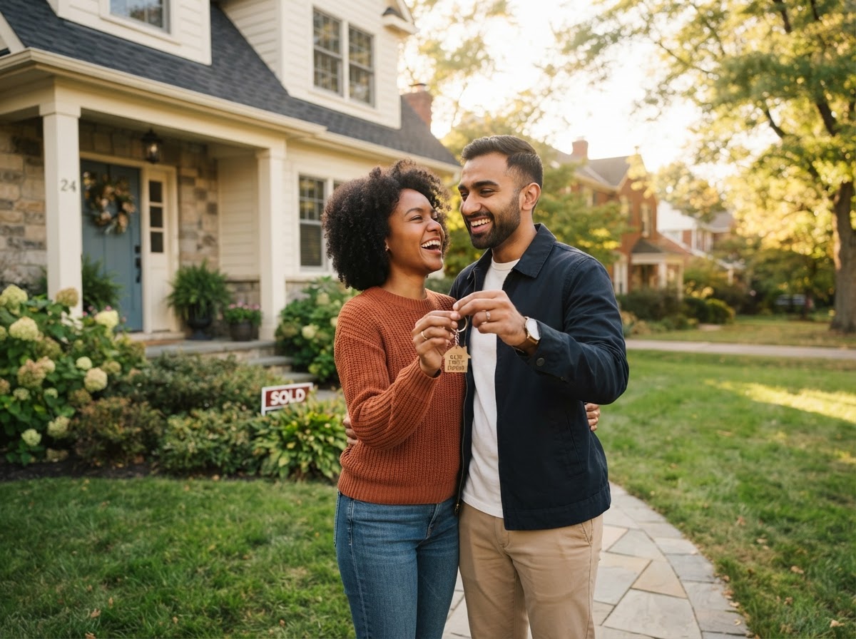 A young diverse couple smiling in front of their first home