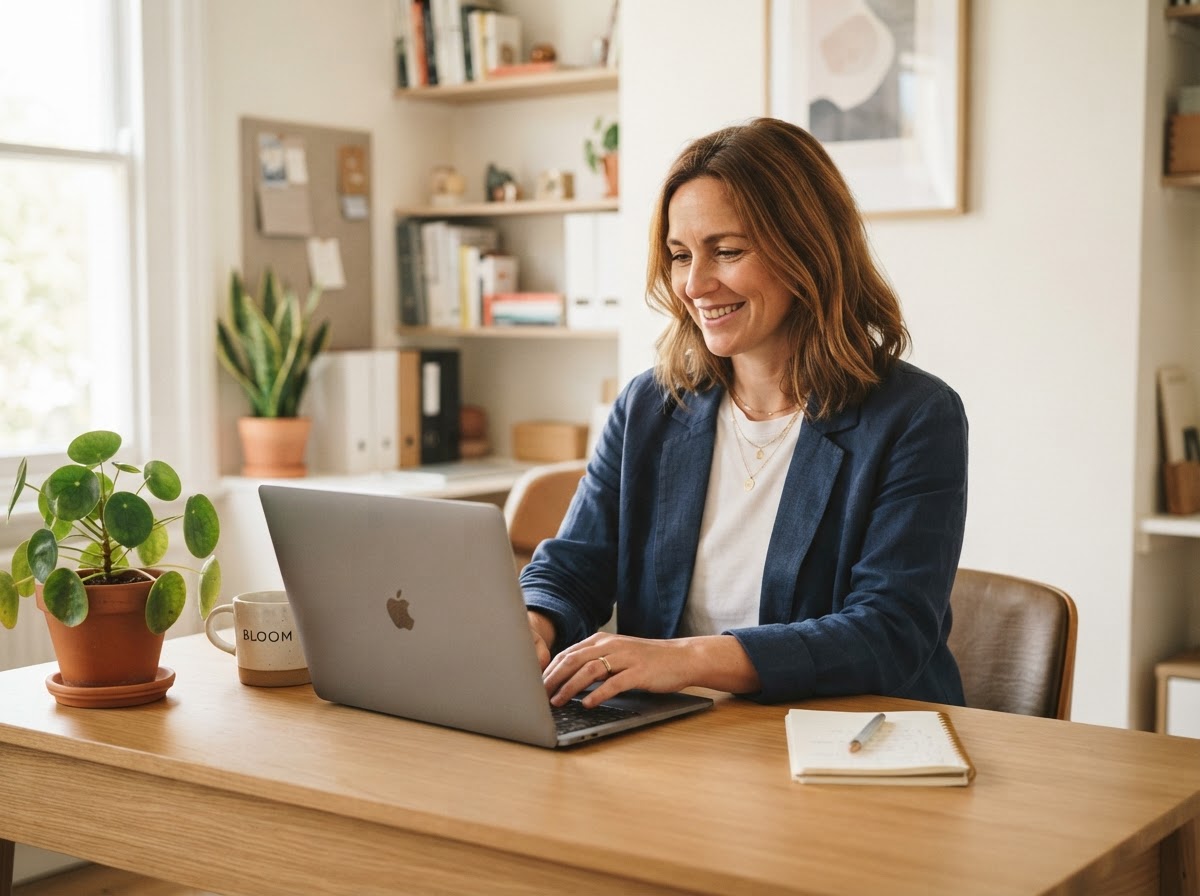 Business owner working calmly at her desk while Seamless handles repetitive tasks in the background