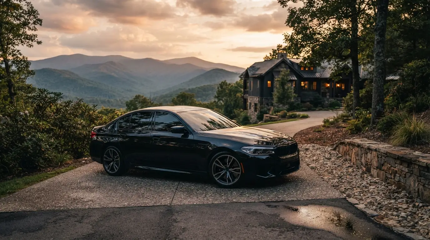 Clean luxury sedan with deep gloss paint parked in Asheville with Blue Ridge Mountains in the background