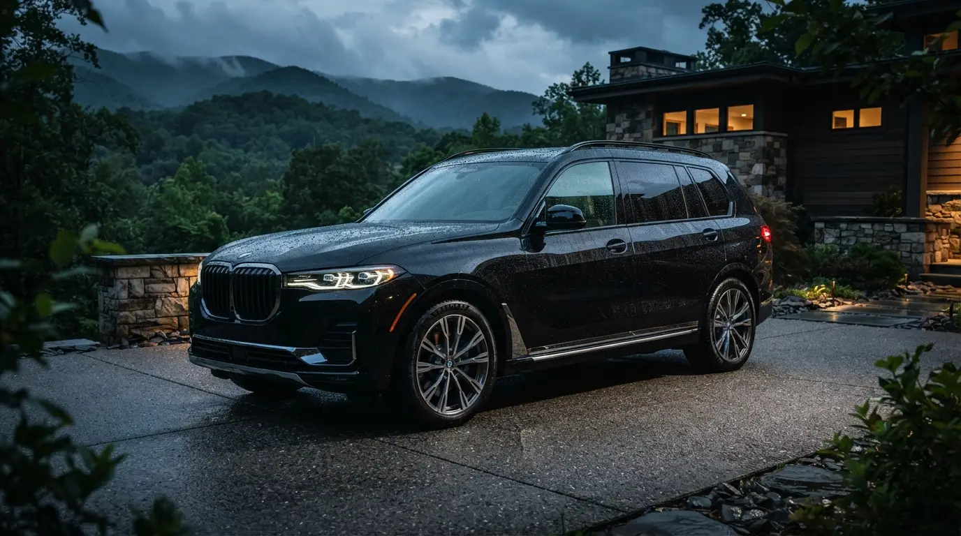 Premium mobile detailing of a luxury SUV in an Asheville driveway