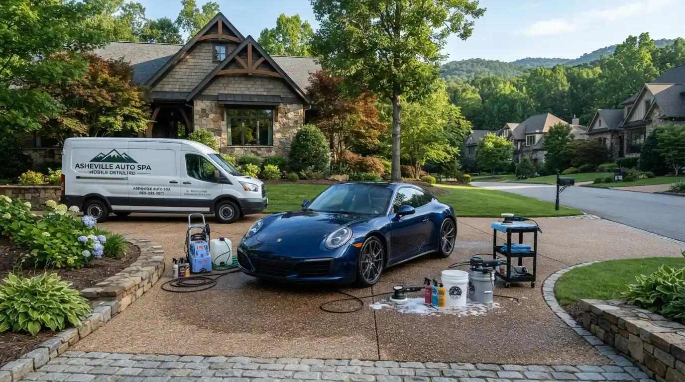 Mobile detailing service setup at a residential home in Asheville NC