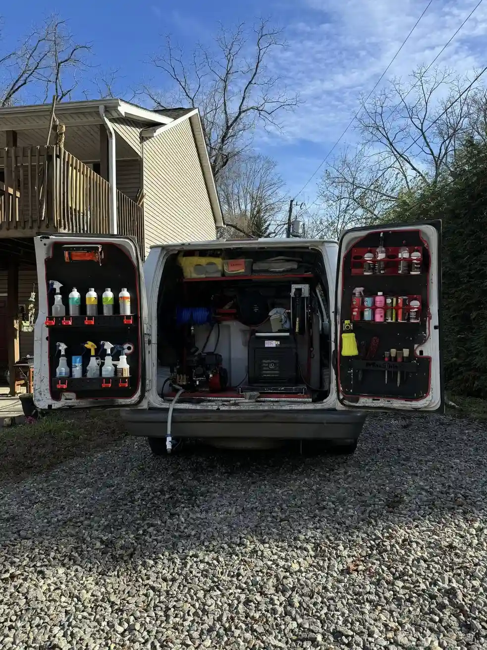 Mobile detailing van equipped with professional pressure washer and detailing supplies