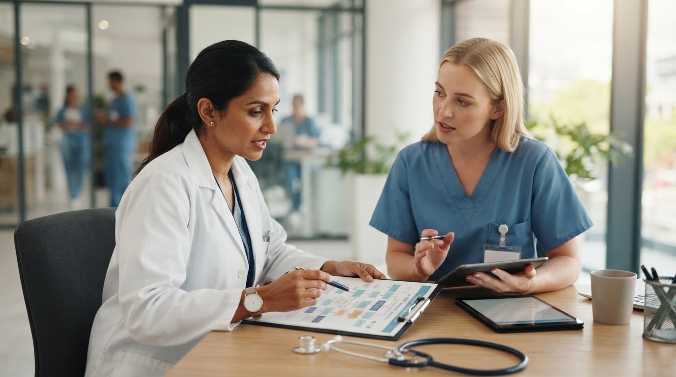 A physician and nurse coordinator reviewing a patient journey document together at a desk in a modern clinic