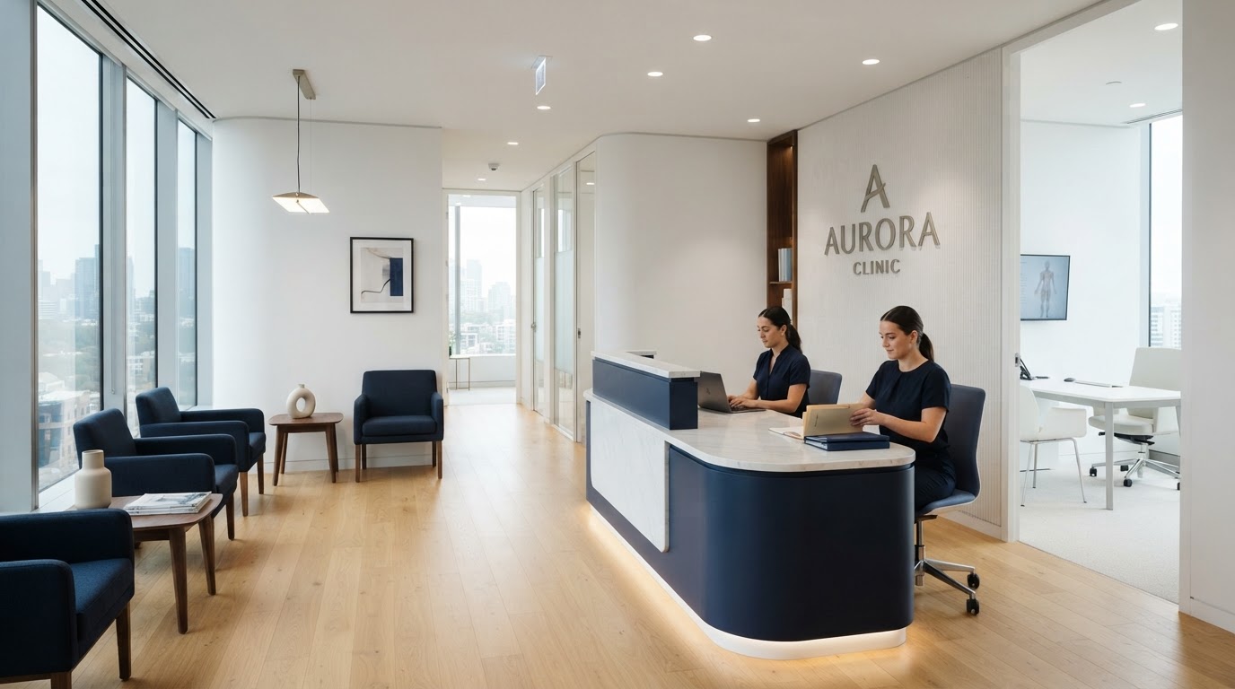 Clean, modern medical clinic reception and consultation area in a professional healthcare business environment