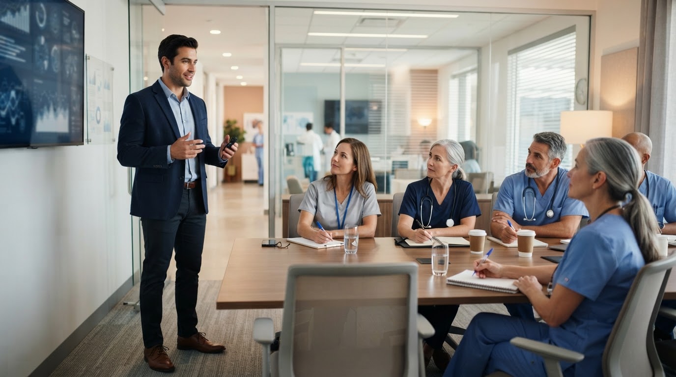 A practice consultant presenting to a group of physicians and clinic staff in a modern medical office