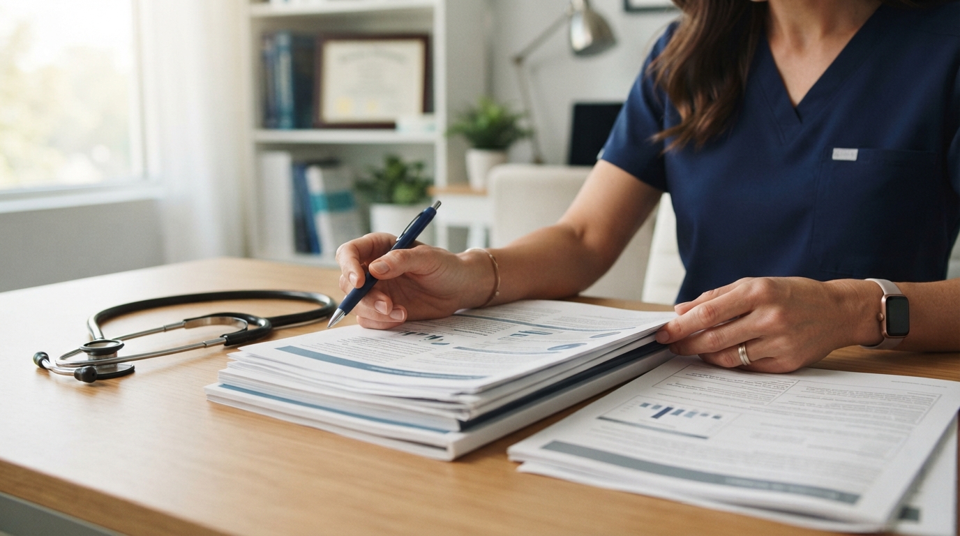 A physician reviewing printed regulatory and compliance documents at a desk in a modern medical office