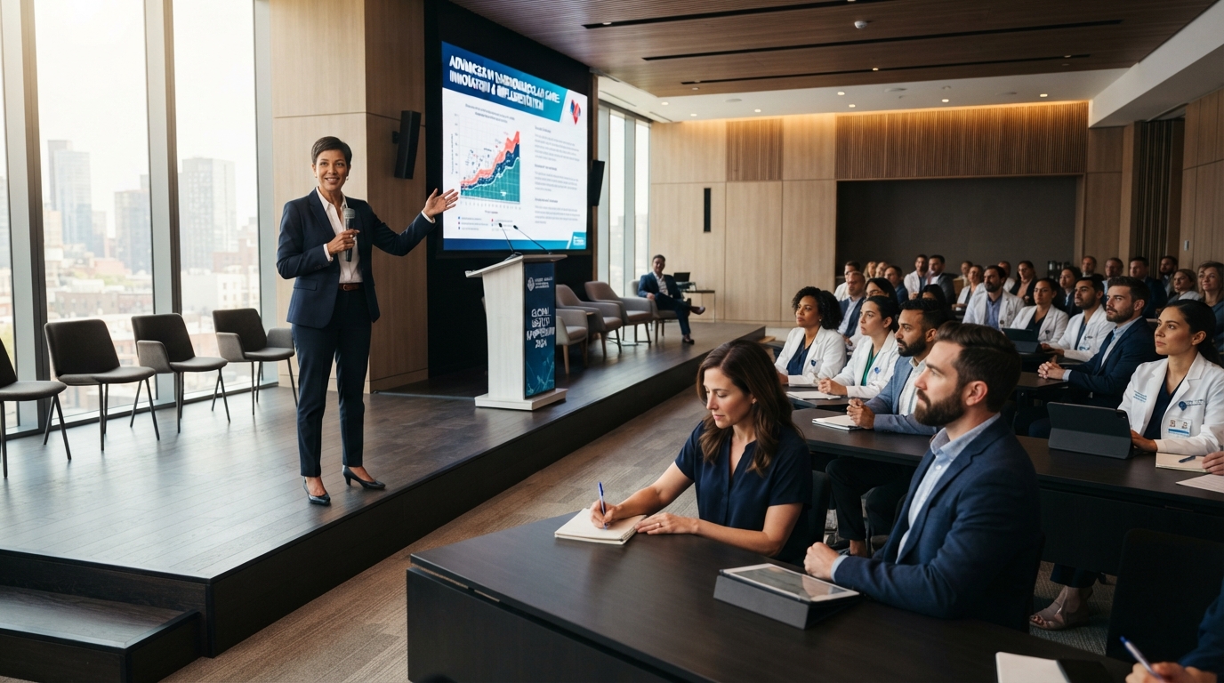 Speaker presenting to an audience of healthcare professionals in a modern education setting