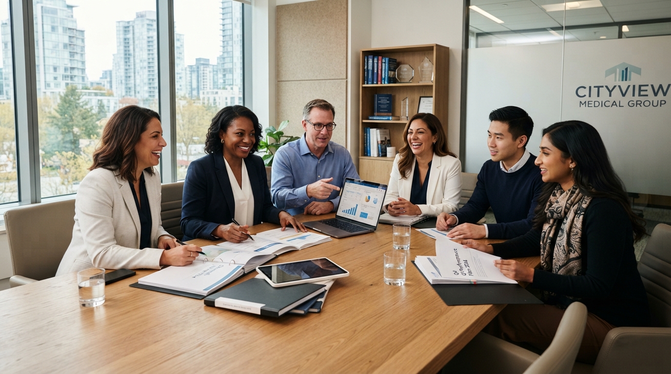 Medical practice leadership team collaborating around a conference table in a modern clinic office