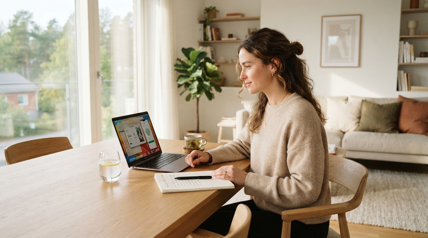 A person sitting in a bright modern living space reviewing wellness notes in a calm, organized setting