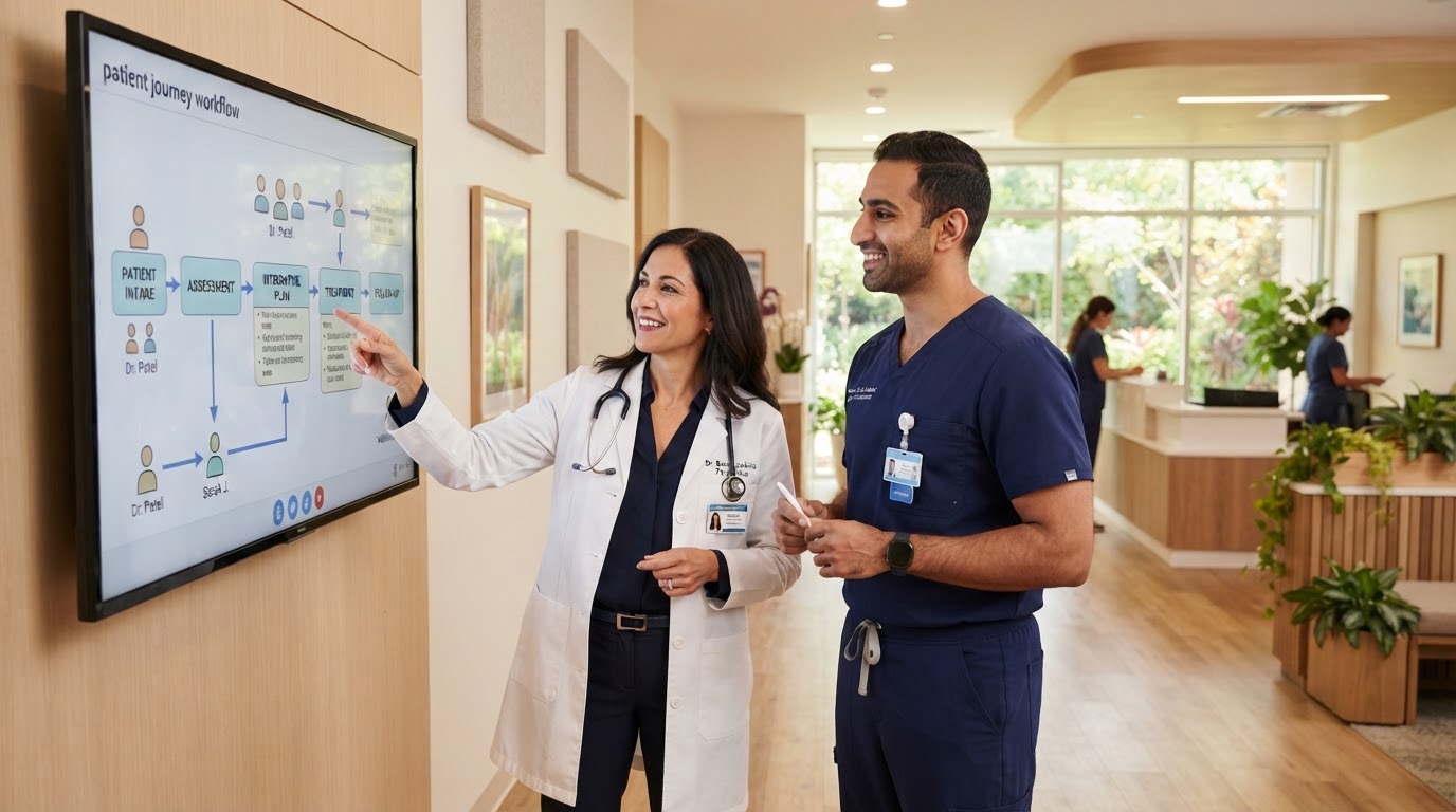 A physician in a white coat and a nurse practitioner reviewing a patient journey workflow on a wall display in a modern integrative health practice