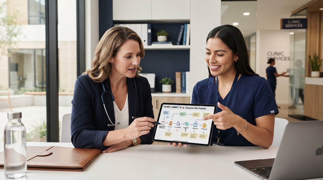 Physician and clinic coordinator reviewing a patient journey workflow on a tablet together
