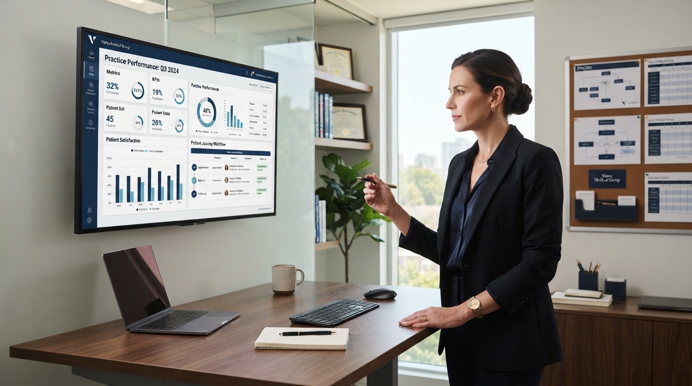 Practice leader reviewing an operational dashboard and CRM workflow on a monitor in a modern medical office
