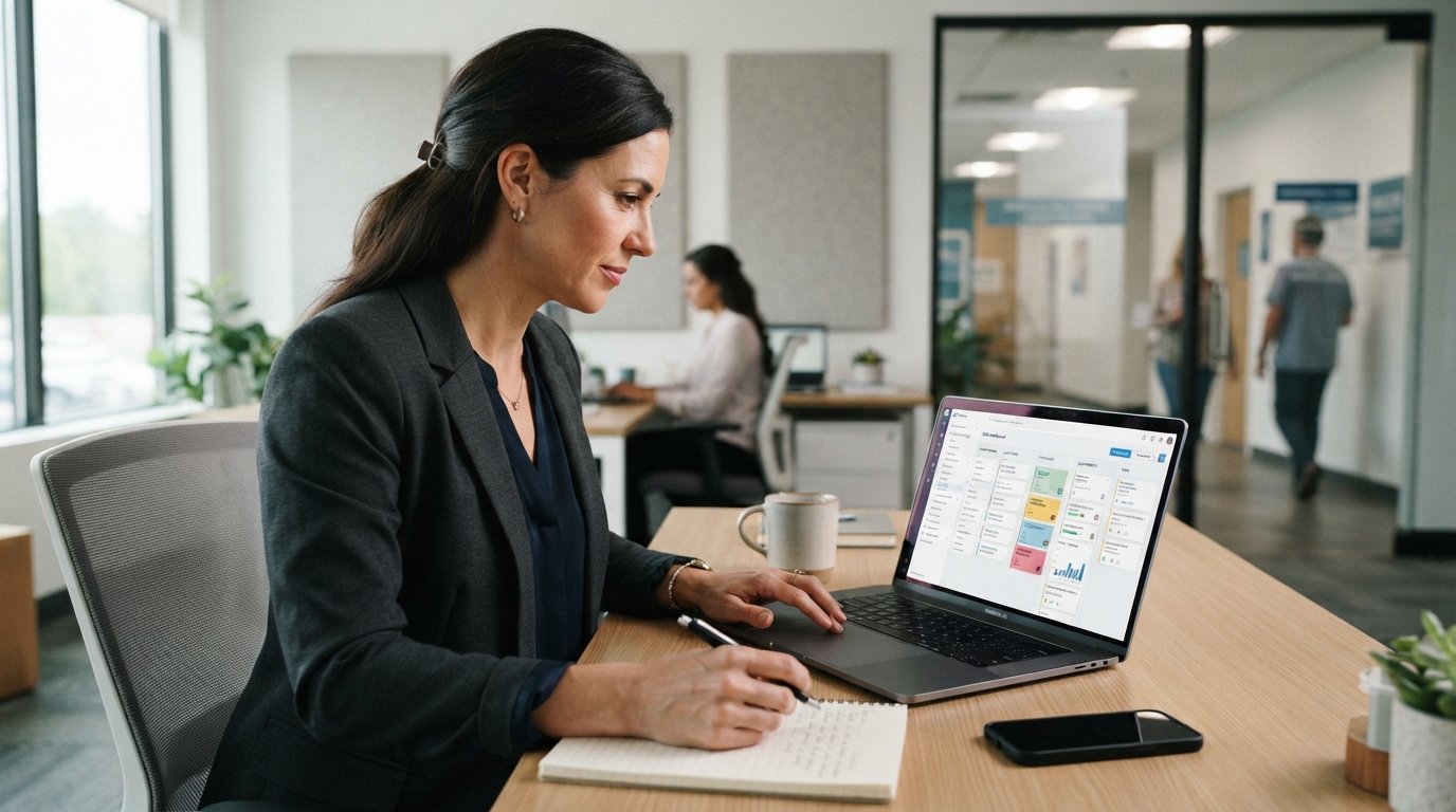 A practice administrator reviewing a CRM dashboard showing patient follow-up pipelines on a laptop