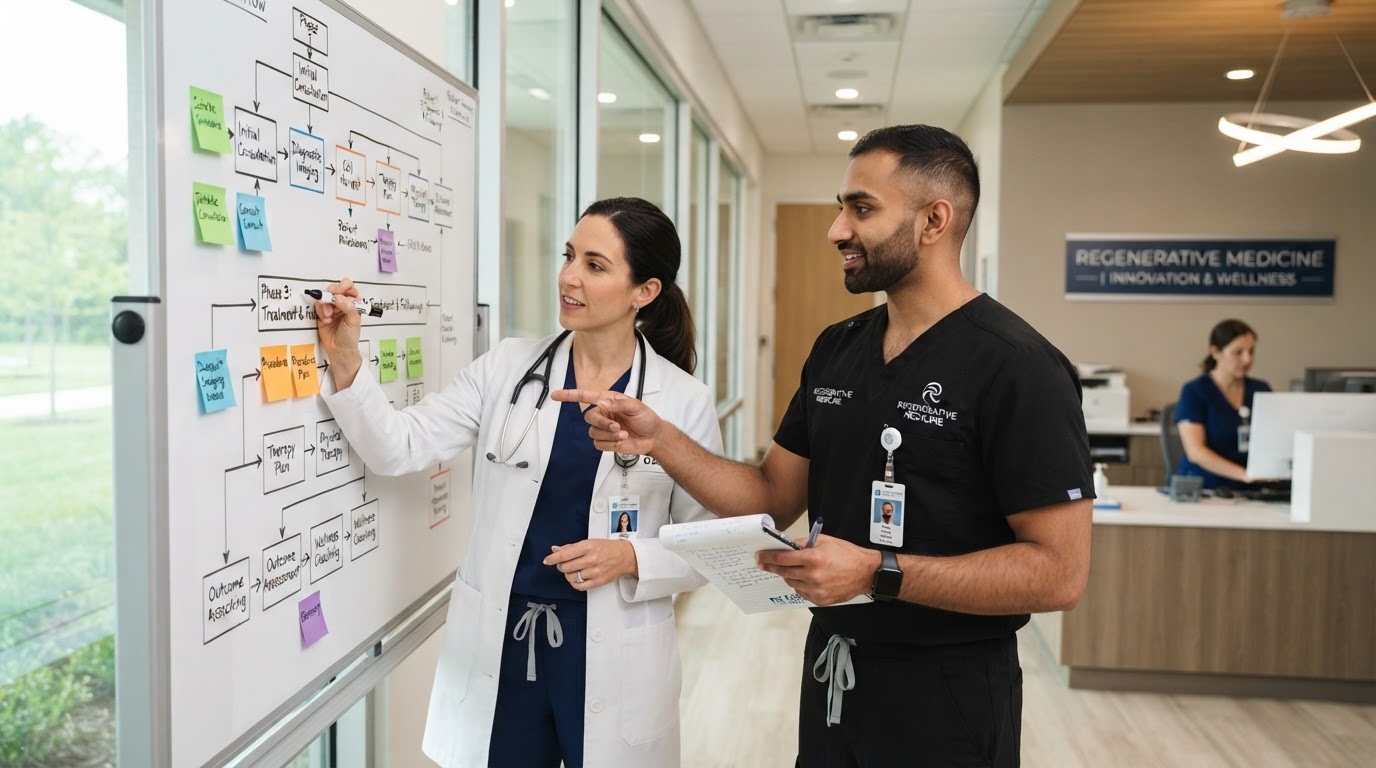 A physician in a white coat and a nurse practitioner in scrubs mapping out a patient journey workflow on a whiteboard in a modern regenerative medicine clinic