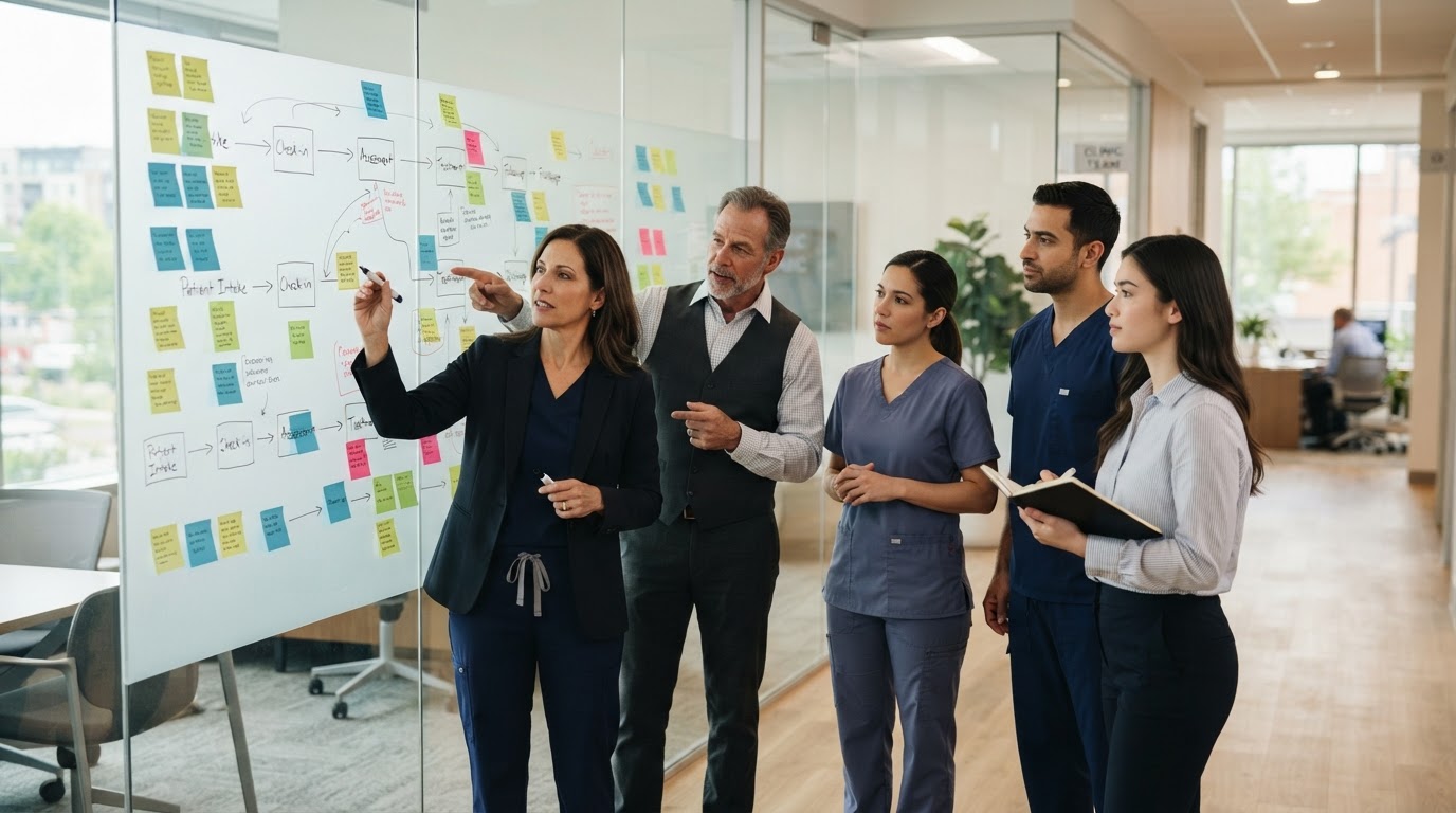 A clinic team mapping out a patient journey workflow on a whiteboard in a modern medical office