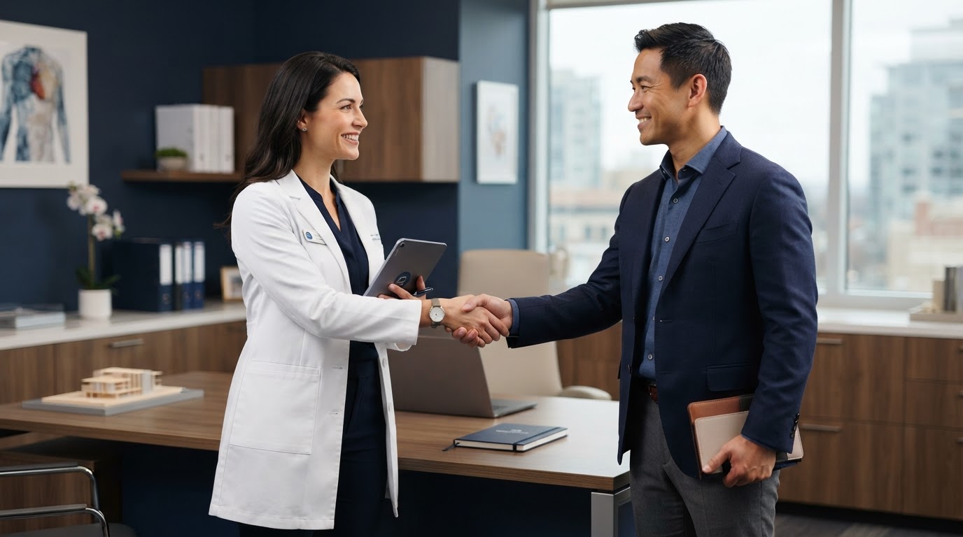 A warm professional handshake between a medical professional and a practice owner in a modern medical office, conveying a trusted distributor relationship and personalized account support