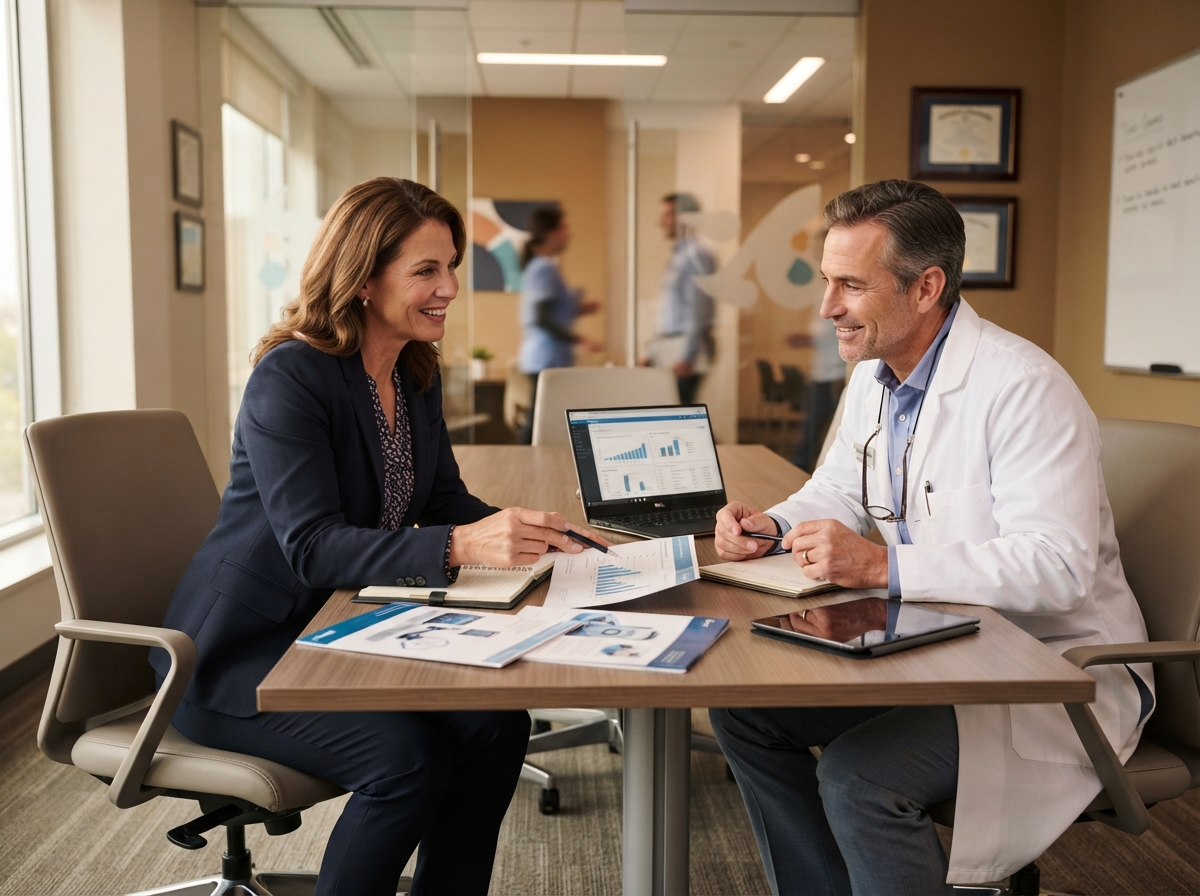 An advisor reviewing educational and account-related materials with a physician in a modern medical practice, showing hands-on product education and partnership support