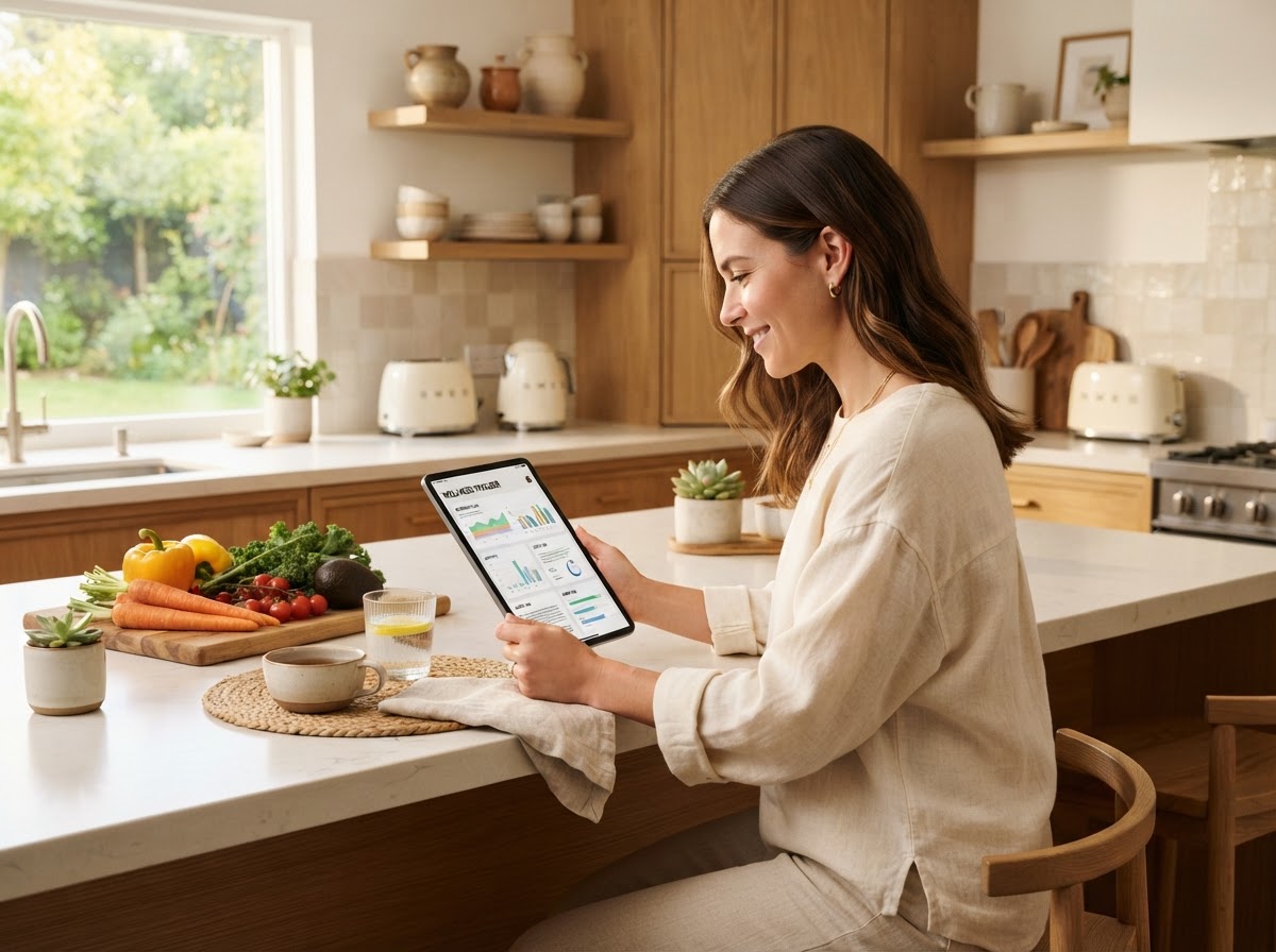 A person reviewing wellness information on a tablet in a bright modern kitchen