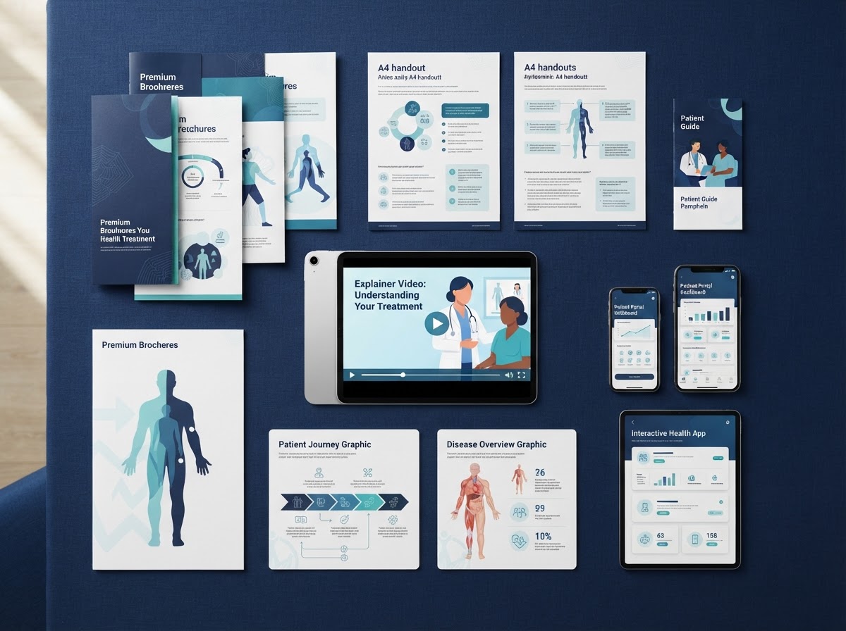 A clean premium flat-lay of approved medical marketing and patient education materials including brochures, handouts, a tablet with explainer video, and digital resources on a navy blue surface
