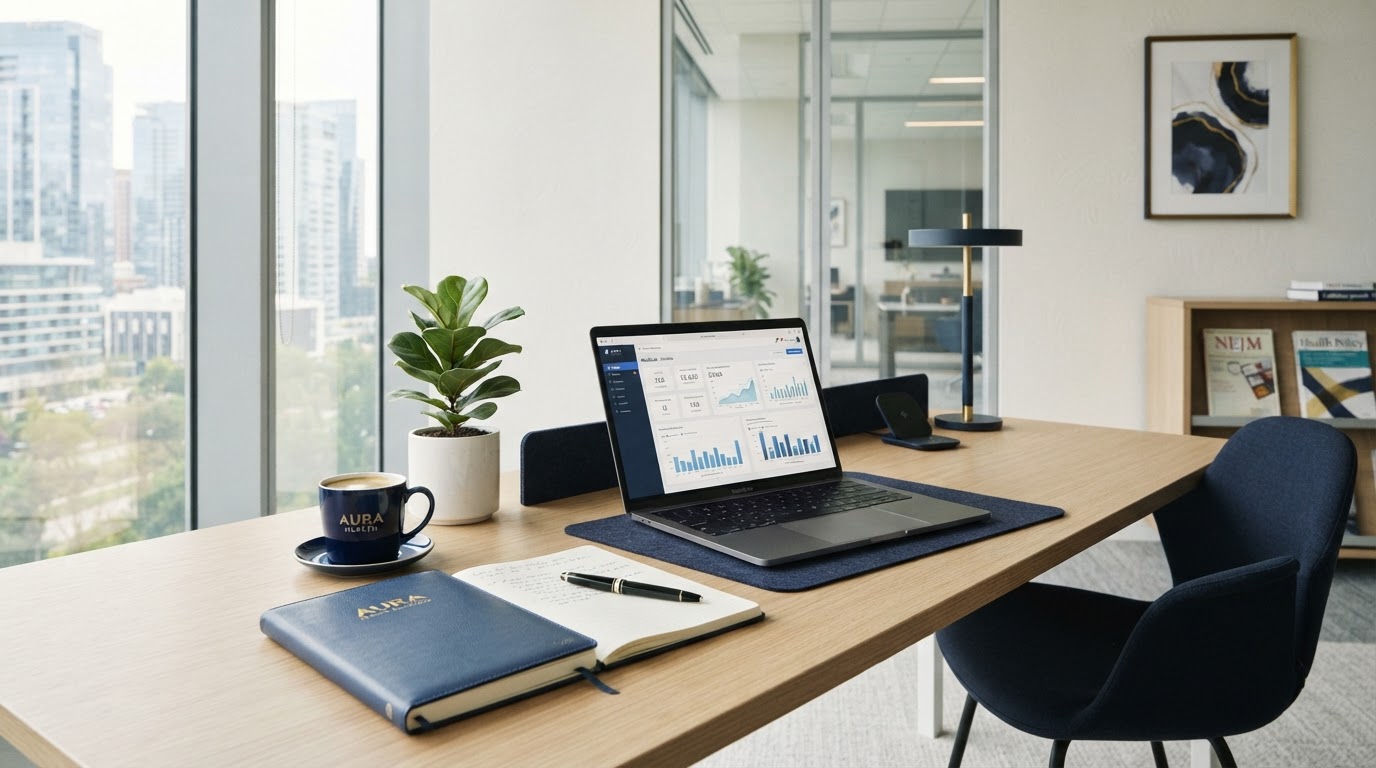 Clean, professional healthcare business workspace with a laptop and notebook in a bright modern office