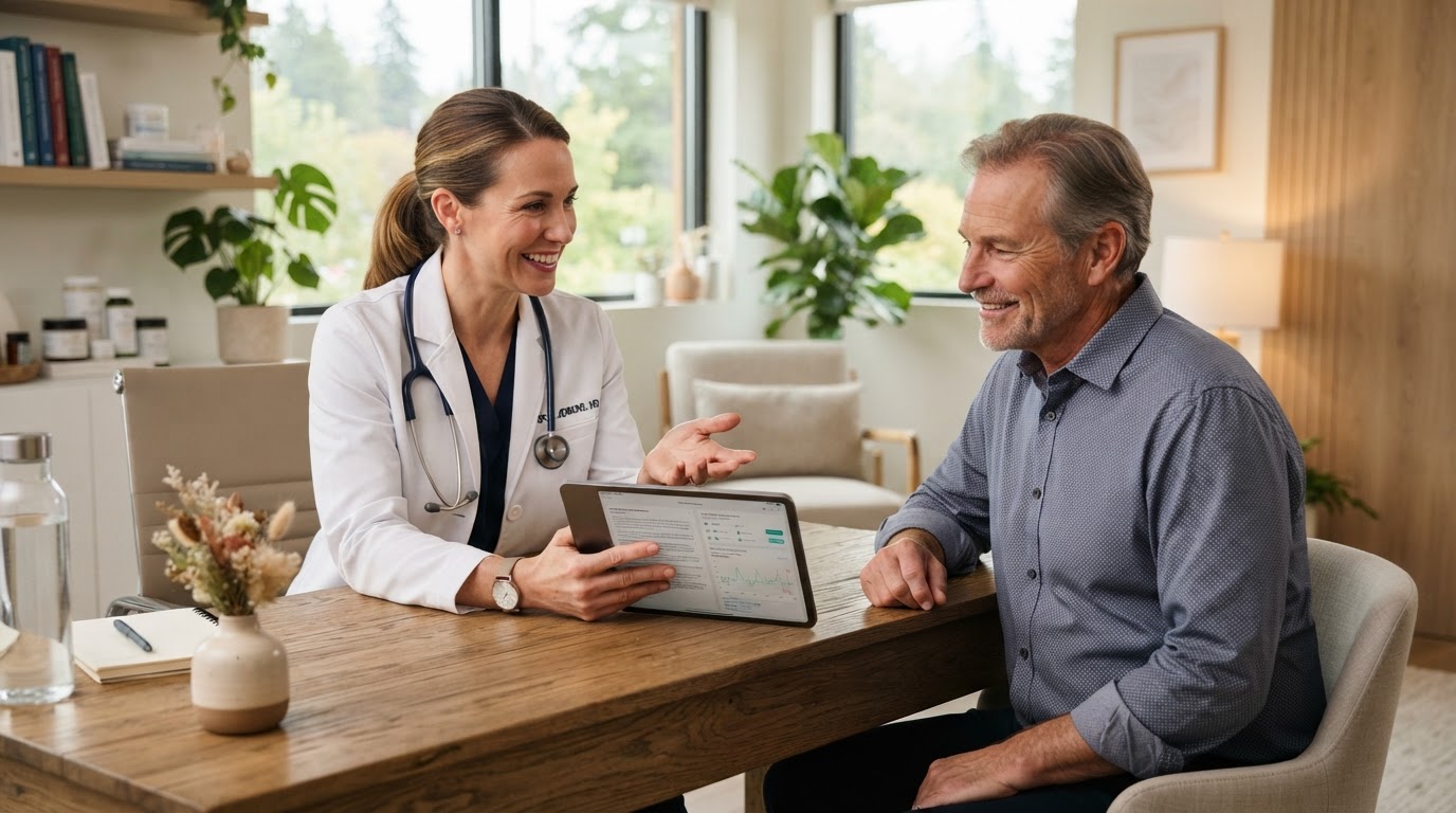 A physician in a clean white coat conducting a warm consultation with a patient in a bright, modern integrative wellness clinic