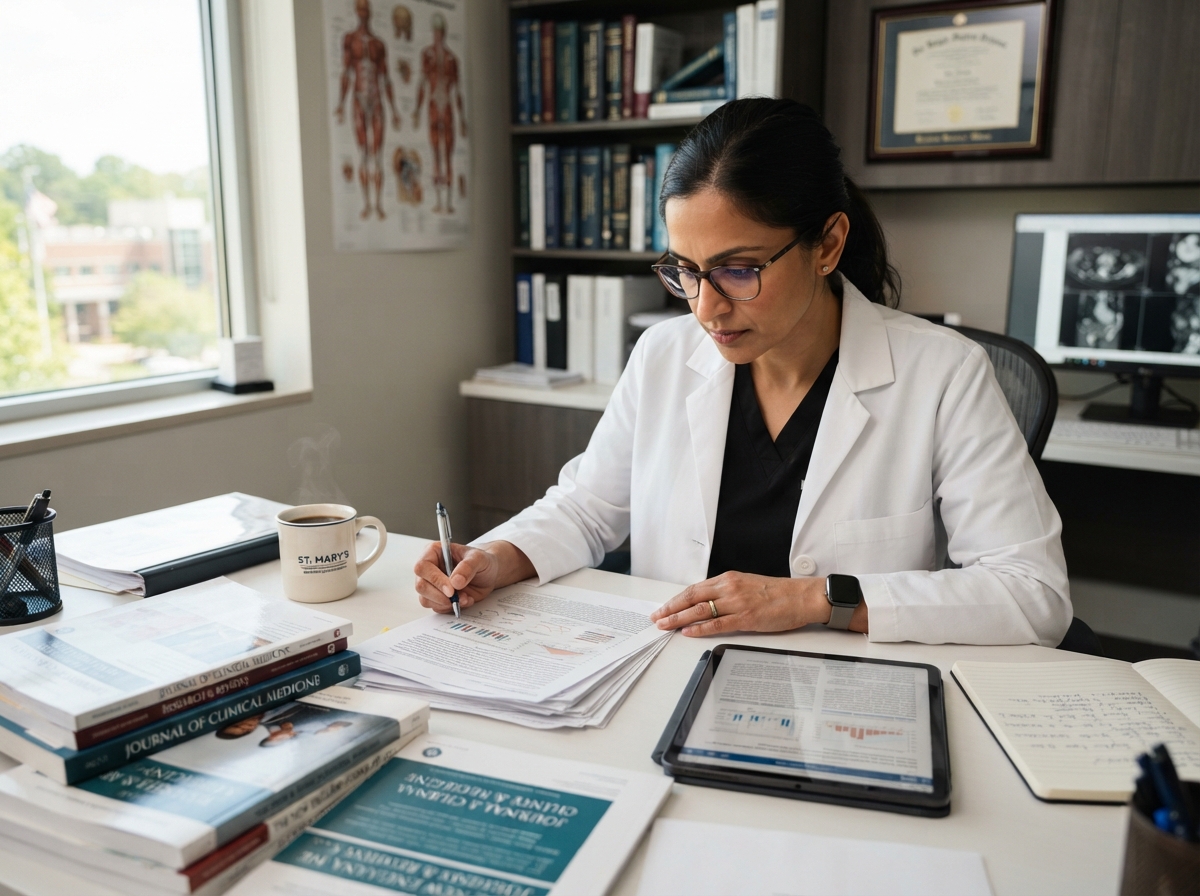 A physician in a white coat reviewing scientific journal articles and published research literature on a tablet and printed papers in a modern medical office