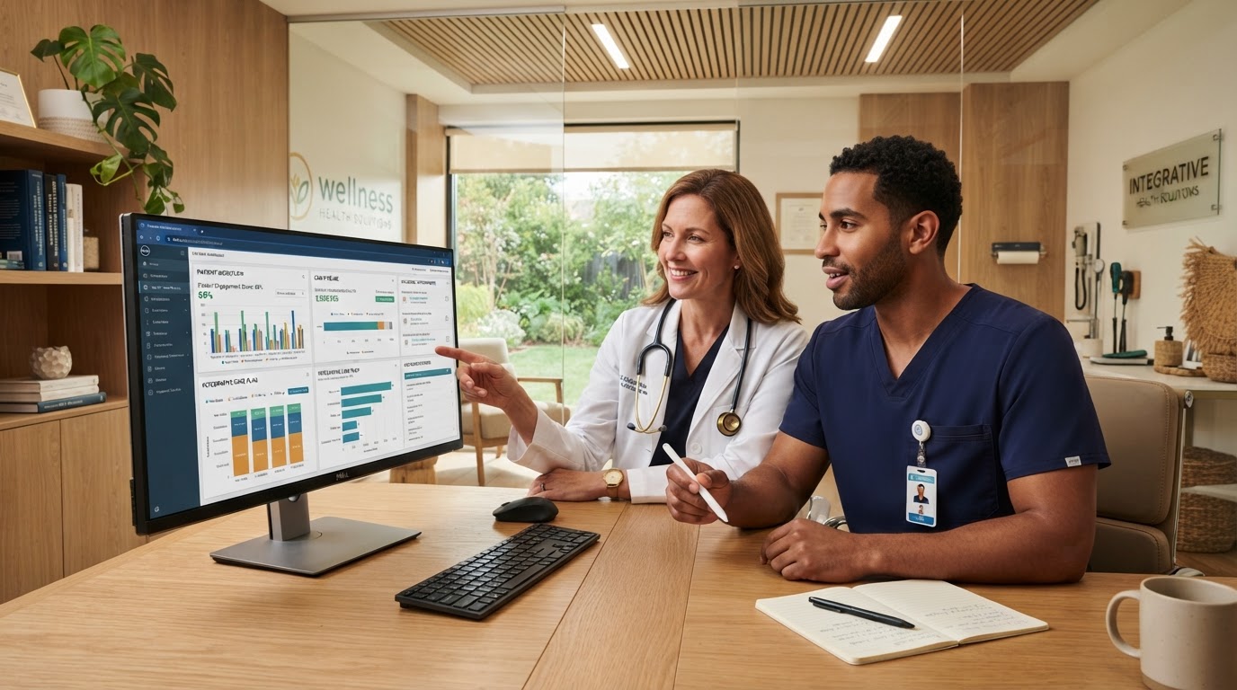 A physician in a white coat and a nurse practitioner in scrubs collaborating on a patient journey workflow in a modern regenerative medicine clinic